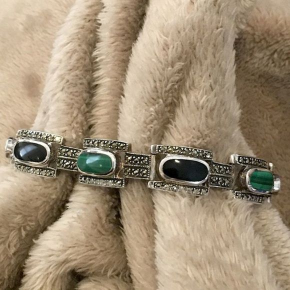 Art Deco Onyx Marcasite Malachite Sterling Silver Bracelet - Picture 9 of 13
